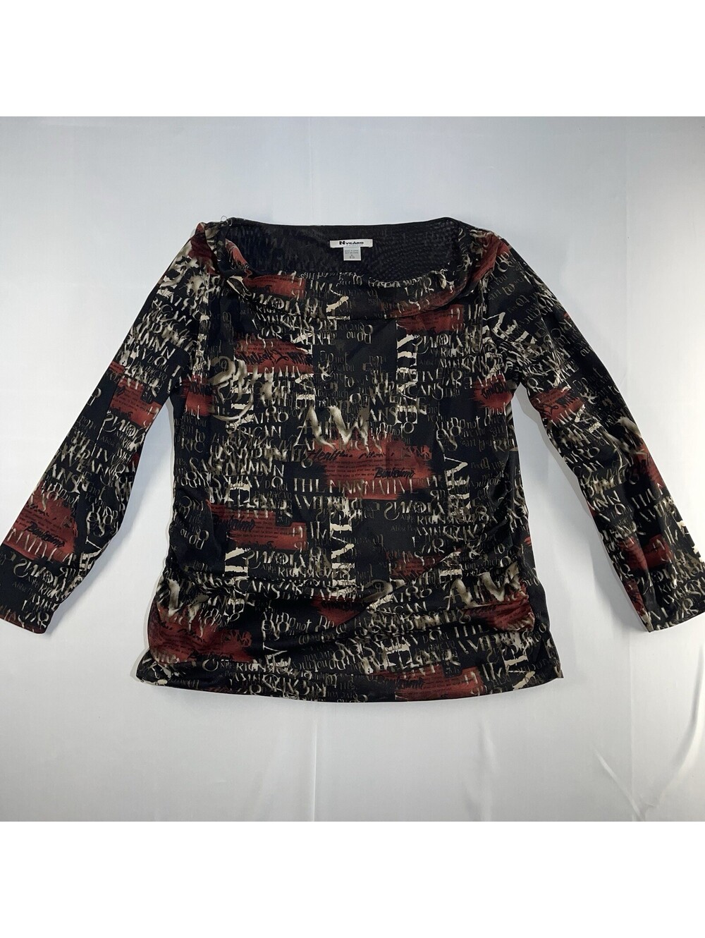 Peter Nygard Top Blouse Tunic Black Long Sleeve All Over Print Sz XL Cowl Neck